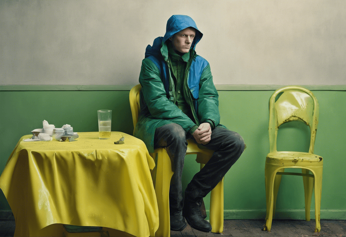 Style: Casper David Friedrich. Realistic photo of a man sitting on a yellow plastic chair at a dirty table, Beside is a green plastic chair with blue parka.